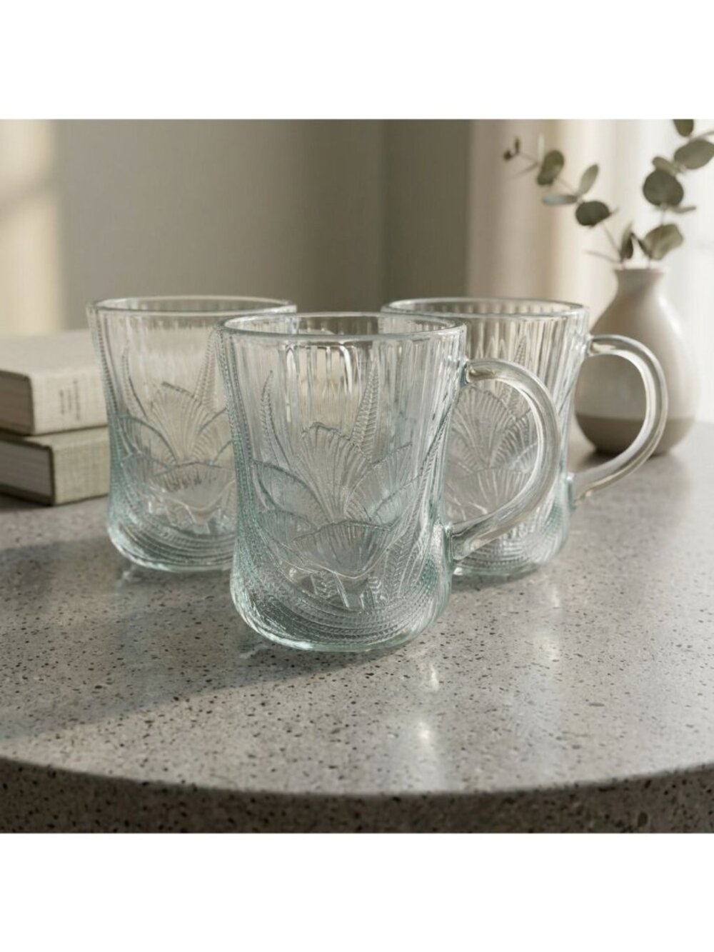 Vintage Floral Relief Glass Coffee Cups Set of 3 Textured Botanical Mugs